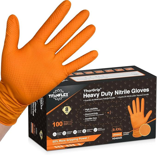 TitanFlex Heavy Duty Orange Industrial Nitrile Gloves with Raised Diamond Texture, Latex Free (6mil/8mil)
