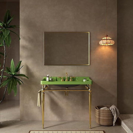 36" Bathroom Console Sink, Wall-Mounted Green Ceramic Vanity Basin with 3 Pre-drilled Faucet Holes, Freestanding Gold Stainless Steel Support Legs with Towel Bar, No Faucet - Rome, Green