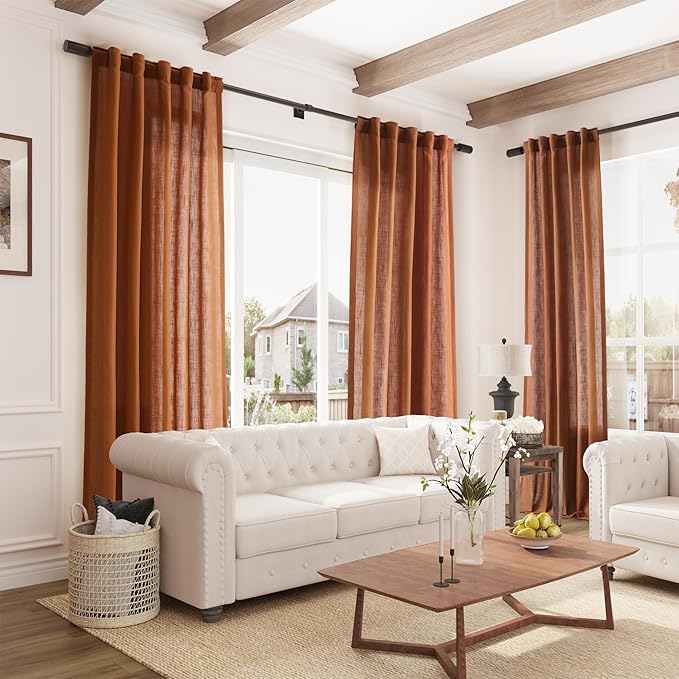 Joywell Terracotta Back Tab Linen Curtains 90 Inches Long 2 Panels for Living Room Bedroom Neutral Boho Farmhouse Rustic Light Filtering Semi Sheer Curtains Window Treatment 52x90