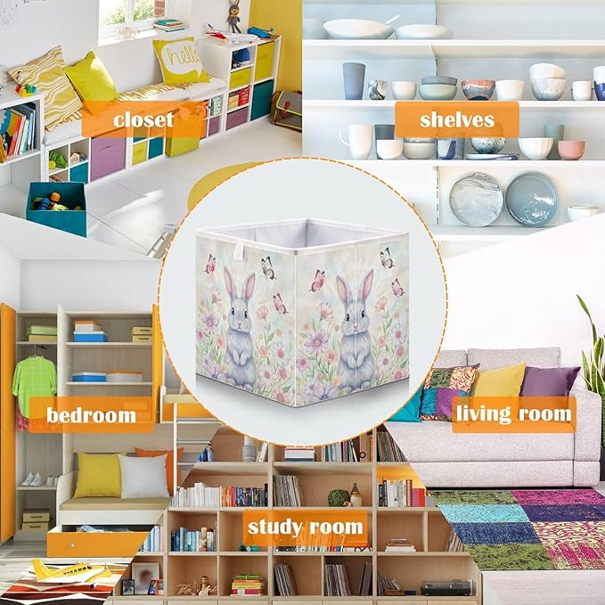 Bolaz Happy Easter Day Bunny Eggs Spring Flowers05 Closet Organizers Storage Cubes Storage Bins Shelf Baskets Containers for Home Room Office,Square