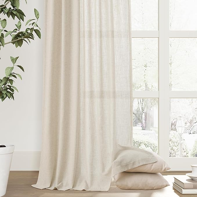 Joywell Beige Linen Back Tab Rod Pocket Linen Curtains 108 Inches Long 2 Panels for Living Room Bedroom Neutral Boho Farmhouse Rustic Light Filtering Semi Sheer Curtains Window Treatment 52x108