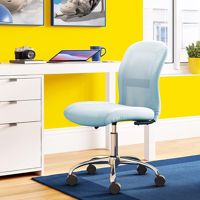 Serta Essential Armless Task Chair, Small Desk Chairs with Wheels, Breathable Mesh Back and Faux Leather, Quality Foam Cushion Seat for Comfort, Minimal Design for Vanity Table, Blue