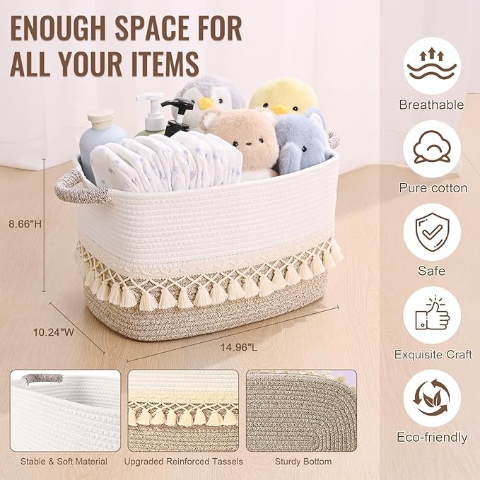 2 Pack Storage Basket for Shelves, Boho Cotton Rope Storage Bins with Heavy Tassel, Shelf Baskets Large Woven Baskets for Organizing, Cube Organizer Bins, Baby Laundry Basket for Clothes, Toys, Pets