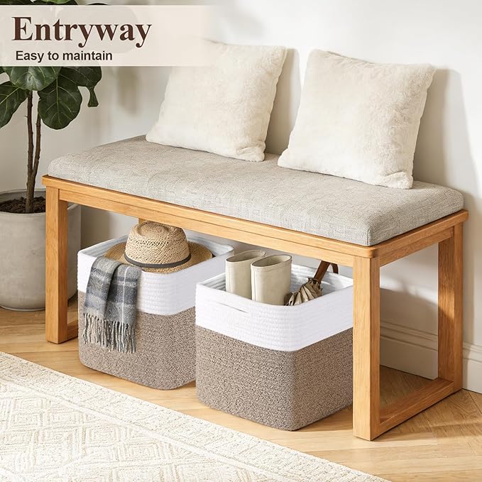 Storage Cubes 11 Inch Storage Baskets for Shelves, Set of 4 Cotton Rope Woven Baskets for Organizing, Cube Storage Square Bins for Toy, Playroom Decor, Classroom, Closet, White+brown