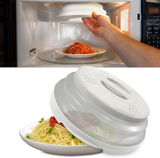 HOVER COVER High Power Magnetic Microwave Splatter Cover with Strongest Magnetic Grip, Collapsible 12-Inch BPA-Free Food Lid, Vented Plate Guard, Dishwasher Safe Space-Saving Storage - White