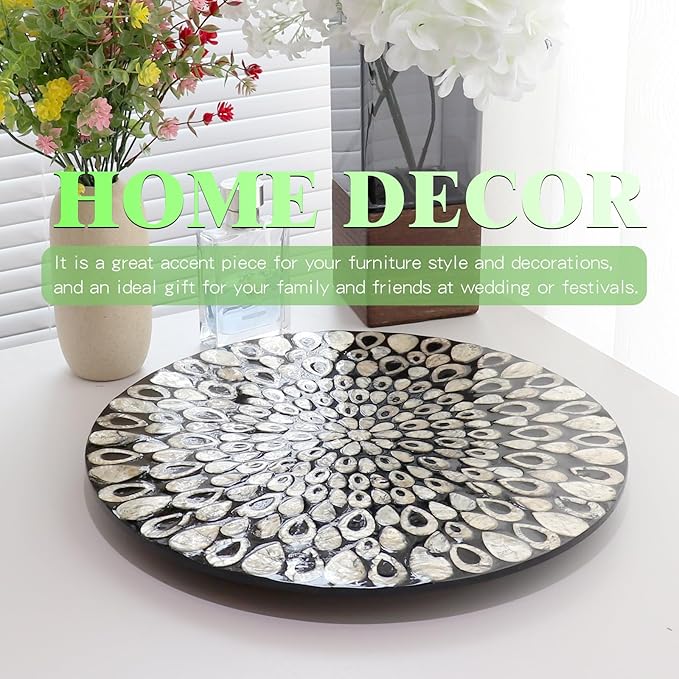 13.8" Mother of Pearl Lazy Susan Turnable Organizer, 360 Degree Round Table Countertop Decorative Spinning Tray for Kitchen Cabinet Counter Spice Pantry Dinner Table (Black Peacock Feather)