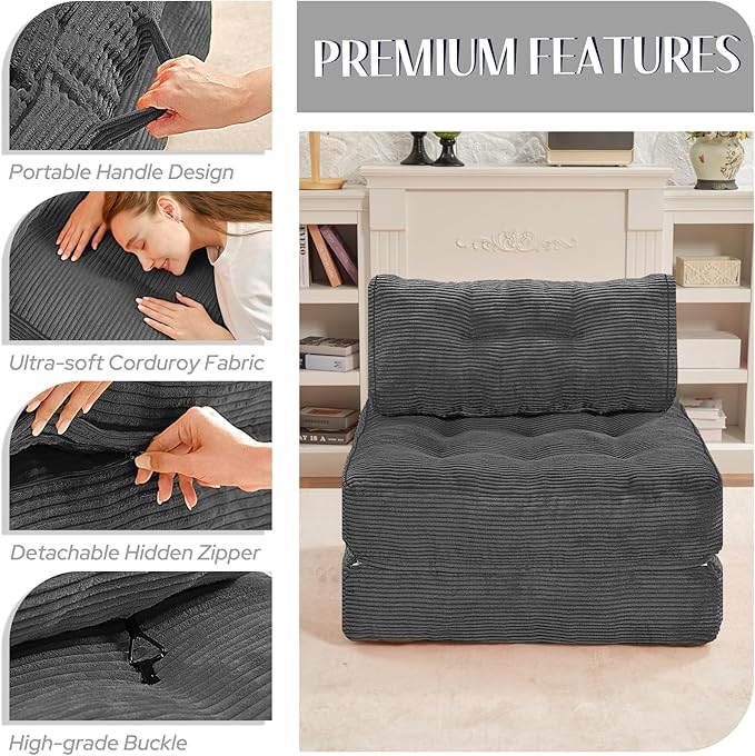HABUTWAY Folding Sofa Bed, Convertible Sleeper Chair Bed w/Dual-Pillow & Handle, Foldable Floor Sofa Lounge w/Back Support for Living Room, Bedroom, Apartment, Office, Single, Grey