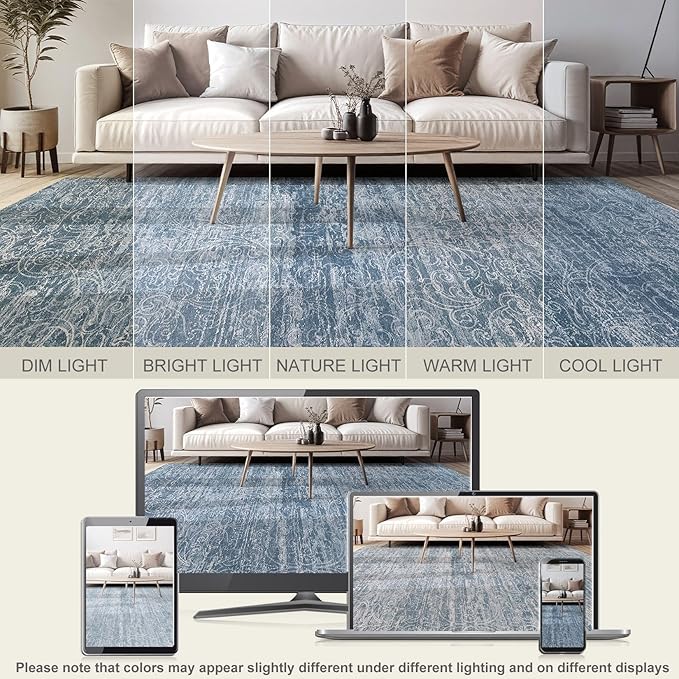 Area Rug Living Room Rugs - 9x12 Abstract Large Soft Indoor Washable Rug Neutral Modern Low Pile Carpet for Bedroom Dining Room Farmhouse Home Office - Dark Blue