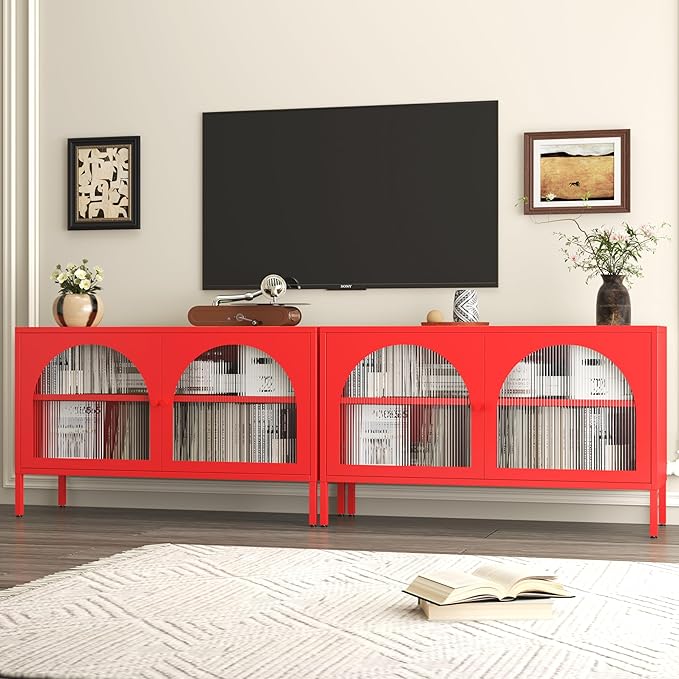Metal TV Stand, Modern Storage Cabinet with 2 Acrylic Doors, Display Hallway Cabinet with Adjustable Shelf, Living Room Storage Cabinet for Home,Office,Entryway,Dining Room,Bedroom,Red