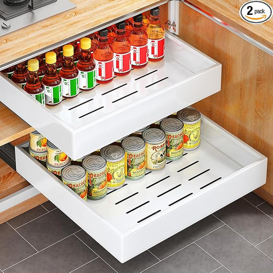 2Pack Pull out Cabinet Organizer, 21"Deep, 20"Wide Full-extension Heavy Duty Slide out Drawers Fixed with Adhesive Nano, Roll Out Shelves Sliding Cabinet for Kitchen,Bathroom,Pantry,Under Sink(White)