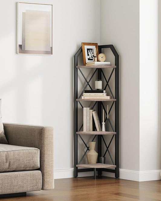 4-Tier Corner Shelf, Industrial Corner Bookshelf, 47.6" Corner Storage Stand, Plant Stand Display Shelf, Corner Bookcase for Bedroom, Living Room, Home Office, Greige and Black TCJ09BG