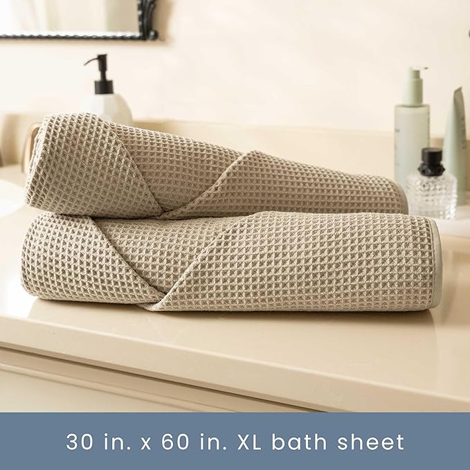 S&T INC. Aura Microfiber Waffle Bath Towels, 4 Pack, Quick-Dry, Ultra Absorbent, Lightweight Towels for Bathroom, Gym, Travel and Beach, 30 inches x 60 inches, 420GSM, Beige