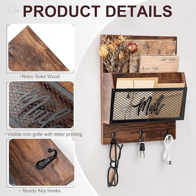 Farmhouse Mail Organizer Wall Mounted Rustic Mail Holder Hanging Key Sorter with 3 Hooks Indoor Wooden Wall Mounted, Letter, Magazines, Newspapers, Keys(Classics,Brown)