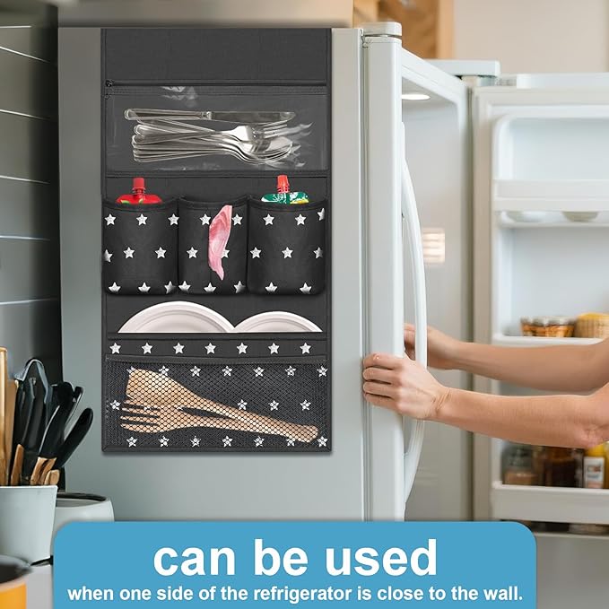 Dorm Room Essentials Mini Fridge Organizer, Hanging Over Fridge Storage Organizer, College Caddy with 14 Pocket for Office, Kitchen, Home, School (Black)