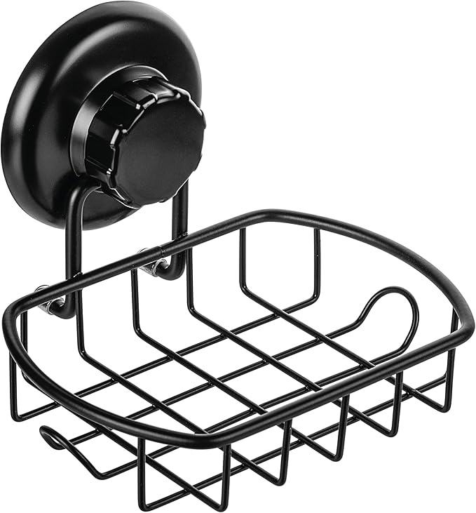HASKO 2 Pack Suction Cup Soap Dish for Shower Wall, Rustproof Stainless Steel, Shower Soap Holder with Hooks, Includes Optional No Drill Adhesive Mount for Bathroom, 2 Soap Savers, Black