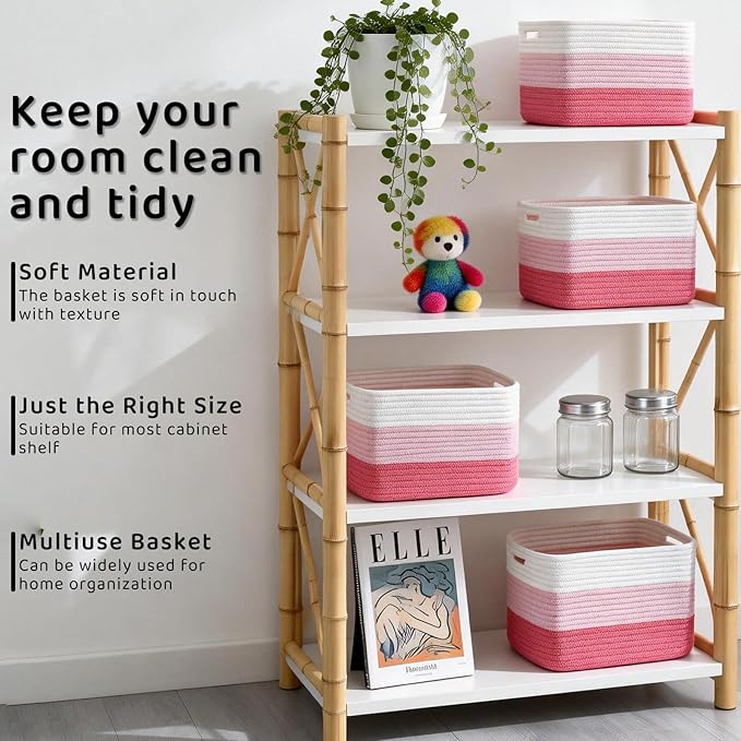 4 Pack Storage Baskets for Organizing, 12''Lx10''Wx8''H Woven Baskets for Storage Toys, Towels, Books, and Clothes, Cotton Rope Basket for Shelves with Handle (White & Pink)