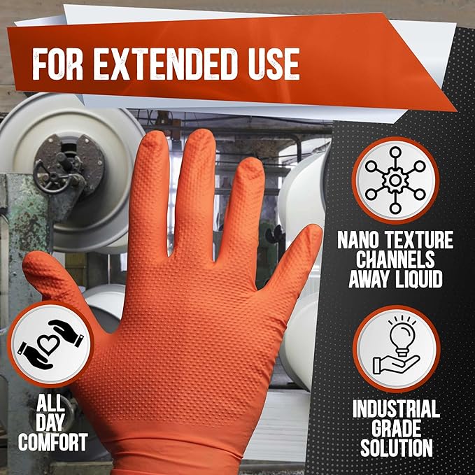 8 Mil Orange Nitrile Gloves Mechanic Grade, Oil & Chemical Resistant, Heavy-Duty Disposable for Auto Repair