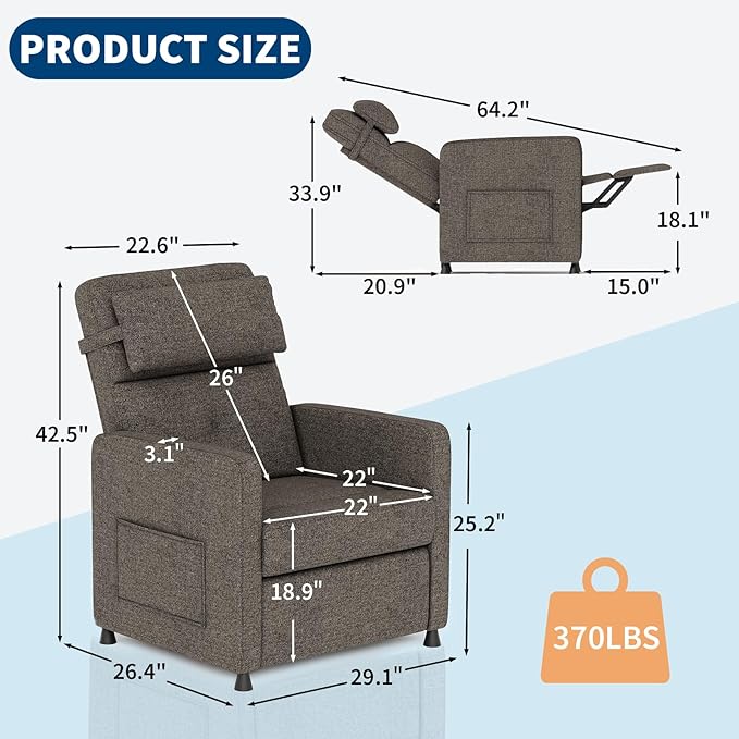 GarveeHome Electric Recliner Chair Living Room Chairs Adjustable Power Reclining Sofa Lazy Chair with Massage & Heat & Lumbar Support & Side Pockets & USB Port(Brown)