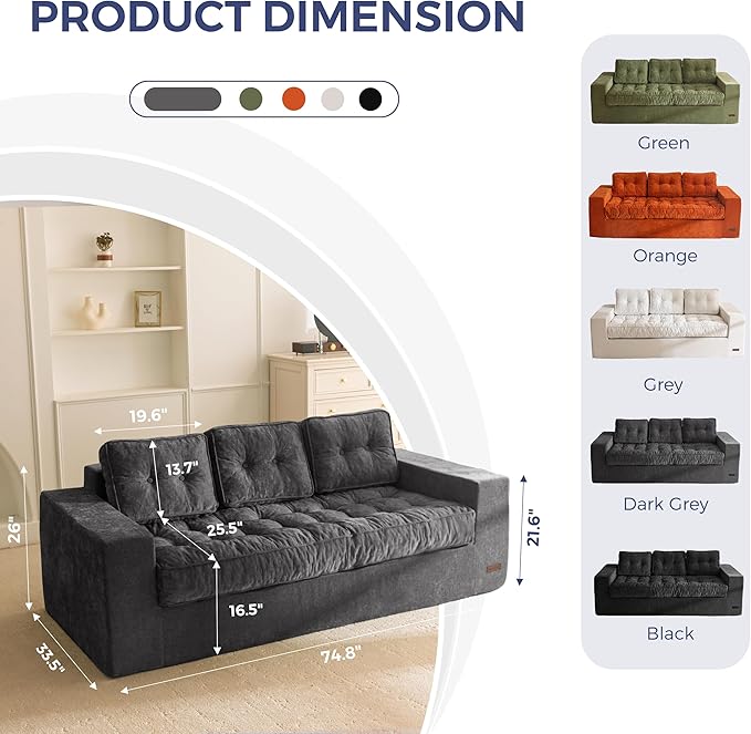 MAXYOYO Boneless Sofa Couch, 75" Oversized Loveseat Sofa, Tufted Floor Couch Bean Bag Chair for Living Room Bedroom Apartment, Sofa in a Box, No Assembly Needed, Dark Grey