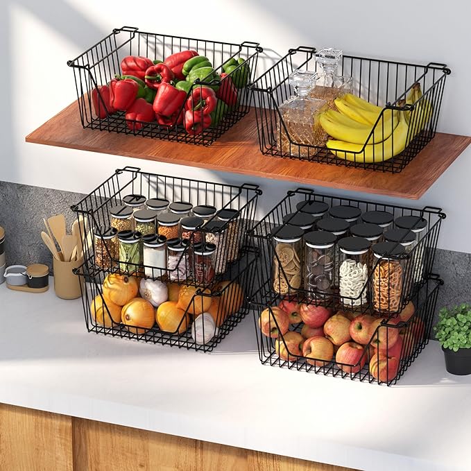 Stackable Wire Metal Baskets Sturdy Cabinet Organizer Wire Pantry Freezer Bin with Handle for Kitchen Fruit Vegetable Organization, Black, 3Packs