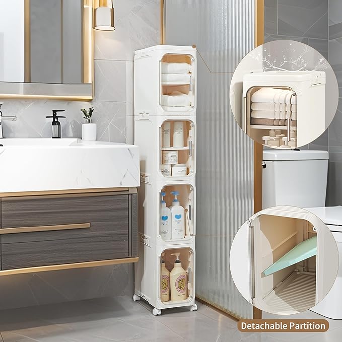 Narrow Storage Cabinet Slim Bathroom Storage Cabinet with Movable Wheels Tall Bathroom Organizer Skinny Cabinet for Small Spaces，2-Tier Beige