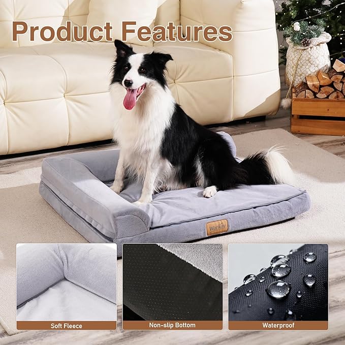 Dog Bed Large Sized Dogs, Orthopedic Dog Sofa Pet Bed, Waterproof Memory Foam Dog Bed, Large Dog Couch Bed with Washable Removable Cover, Grey - 35x27.95x6.3in