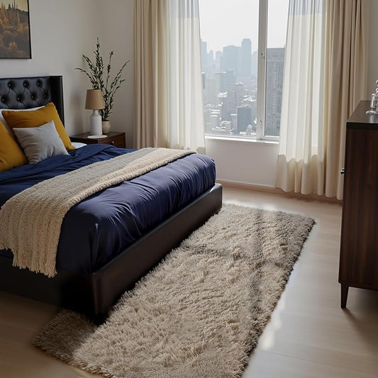 Soft Runner Rugs for Bedroom, Beige 3x7 Area Rugs Fluffy Rug Shaggy Area Rug Carpet, Bedside Rug for Living Room Bedroom Kids Room Home Decor