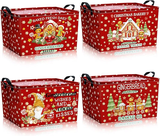 4 Pack Christmas Storage Bin Collapsible Large Christmas Gingerbread Man Storage Baskets for Gifts Canvas Laundry Basket Foldable Box with Handle for Office Home Bedroom Clothes Toys Decor