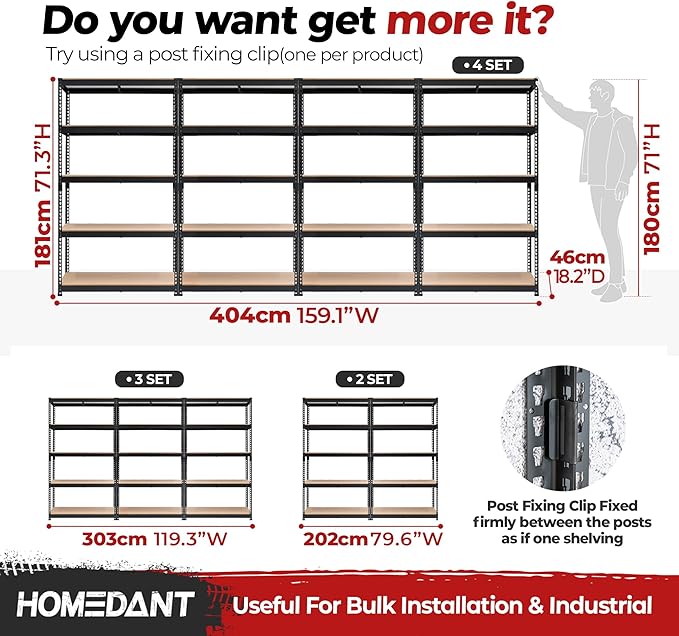 HOMEDANT 39.8" W 5 Tier Heavy Duty Garage Shelving Adjustable Metal Rack Storage Shelves Standing Shelf Unit Organizers Pantry Closet Black 1Pack