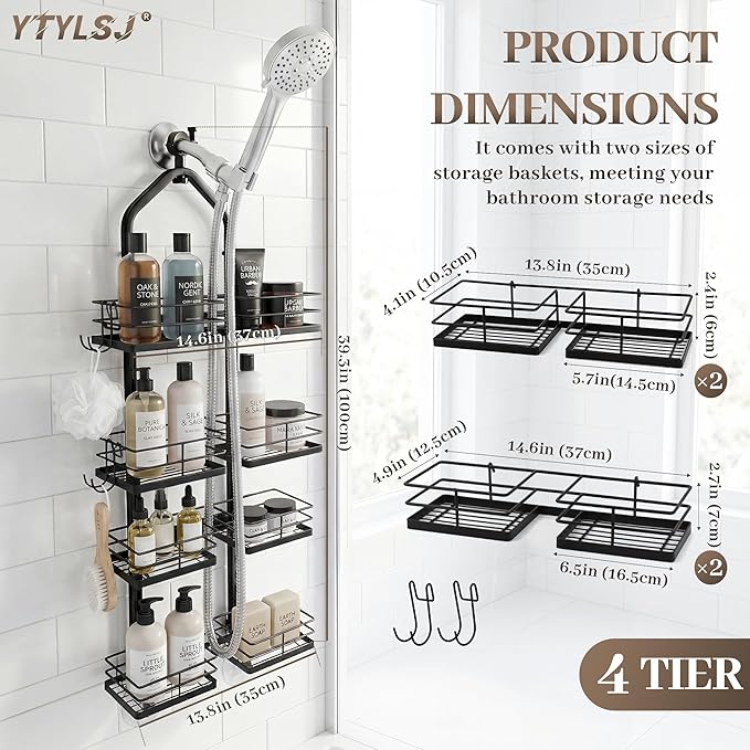 Aluminum Alloy Hanging Shower Caddy for Handheld Shower Heads, 4-Tier Adjustable Shower Rack, Rustproof Hose Hanging Shower Organizer with 2 S-Hooks, Matte Black