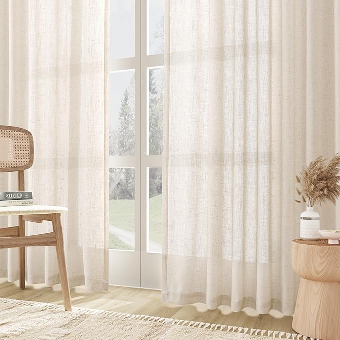 Joywell Beige Linen Back Tab Rod Pocket Linen Curtains 108 Inches Long 2 Panels for Living Room Bedroom Neutral Boho Farmhouse Rustic Light Filtering Semi Sheer Curtains Window Treatment 52x108