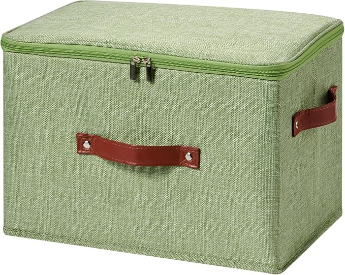 Storage Bin Box with Zippered Lid Cotton Linen Fabric Decorative Basket PU Leather Handles PP Plastic Board Foldable Lidded Clothing Shelf Closet Organizer Container (Light Green, Large)