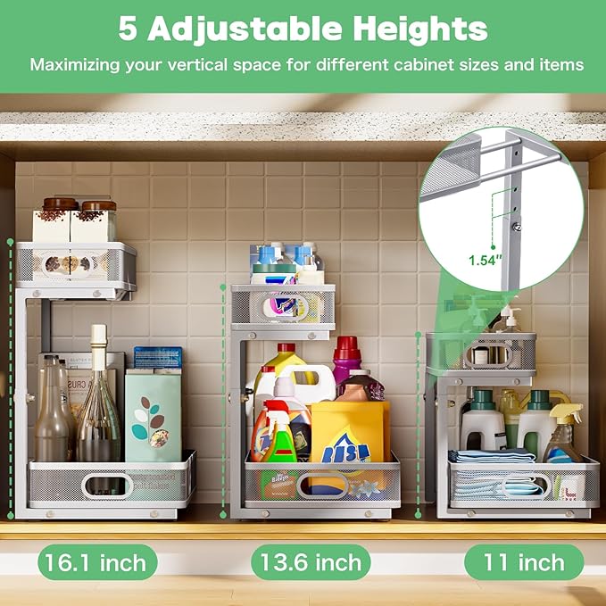 der Sink Organizer, High Adjustable 2 Tier Under Sink Organizers and Storage, Slide Out Metal Cabinet Organizers, Pull Out Sink Storage Drawer Shelf for Kitchen Bathroom Cabinet, Grey, 2 Pack