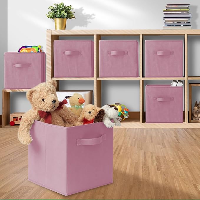 Casafield Set of 6 Collapsible Fabric Cube Storage Bins, Light Pink - 11" Foldable Cloth Baskets for Shelves, Cubby Organizers & More