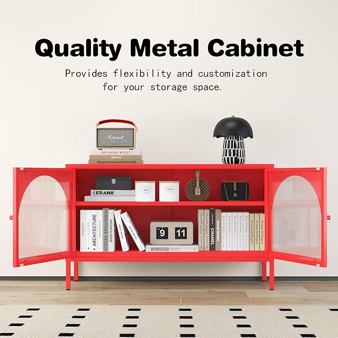 Metal TV Stand, Modern Storage Cabinet with 2 Acrylic Doors, Display Hallway Cabinet with Adjustable Shelf, Living Room Storage Cabinet for Home,Office,Entryway,Dining Room,Bedroom,Red