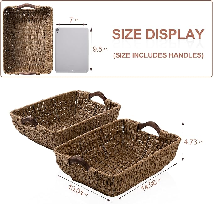FairyHaus Hand-Woven Wicker Storage Basket with Natural Wooden Handles Set of 2, Recyclable & Renewable Paper Rope, 15x10x5 Wicker Baskets for Storage, Brown