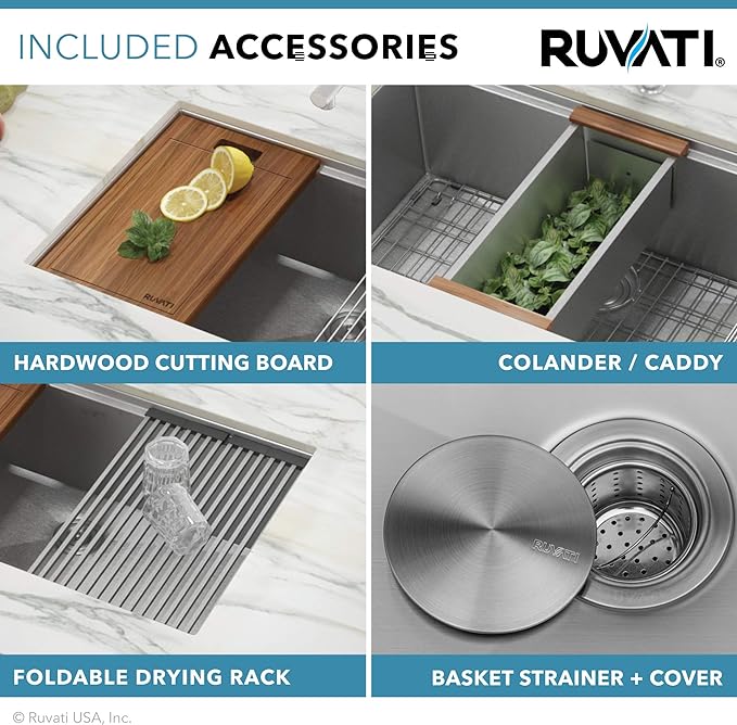 Ruvati 36-inch Workstation Kitchen Sink - 60/40 Double Bowl Undermount 16 Gauge Stainless Steel Kitchen Sink with Brushed Finish hides scratches, Easy-to-Clean Undermount Sink - RVH8359