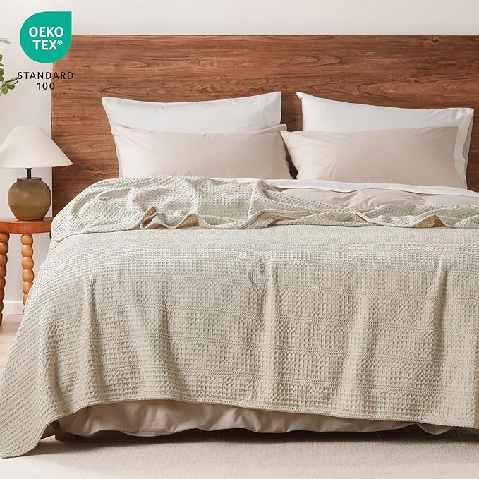 PHF Lightweight Waffle Weave Blanket King Size 104"x 90", Soft Woven Summer Blanket for Hot Sleepers - Aesthetic Home Decor for Couch Bed Sofa, Pet Friendly, Natural/Linen