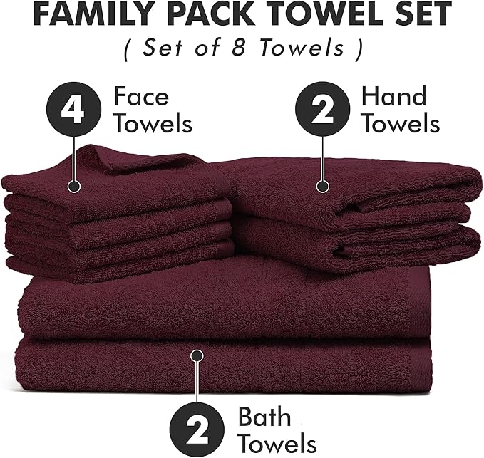 Bath Towels Set of 8 – 100% Cotton (Burgundy) Bathroom Towel Set Bale Includes 2 Bath, 2 Hand, 4 Face Towels – Soft, Absorbent & Quick Dry Towel for Bathroom, Spa, Kitchen, Hotel Use