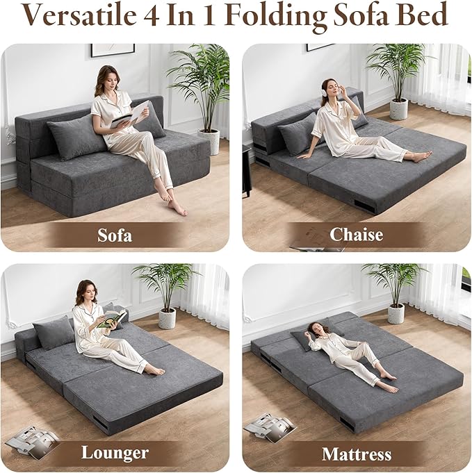 HOMFINE Folding Sofa Bed - Convertible Sleeper Chair with Pillow, Fold Out Couch, Memory Foam Floor Mattress, Futon Couch, Lazy Sofa for Living Room/Dorm/Guest Room/Home Office, Grey, Queen Size