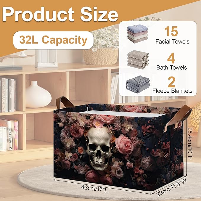 Pink Flower Skull Storage Bins with Handles, Collapsible Storage for Clothes, Gift Basket, Blankets & Closet Organization