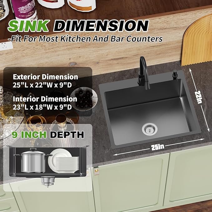 Black Kitchen And Bar Sink, 25x22 Inch Stainless Steel Drop In Kitchen Sink Modern Single Bowl Topmount Bar Sink Combo-Silicon Mat,Drain Strainer Set Compatibility With Various Kitchen & Bar Style