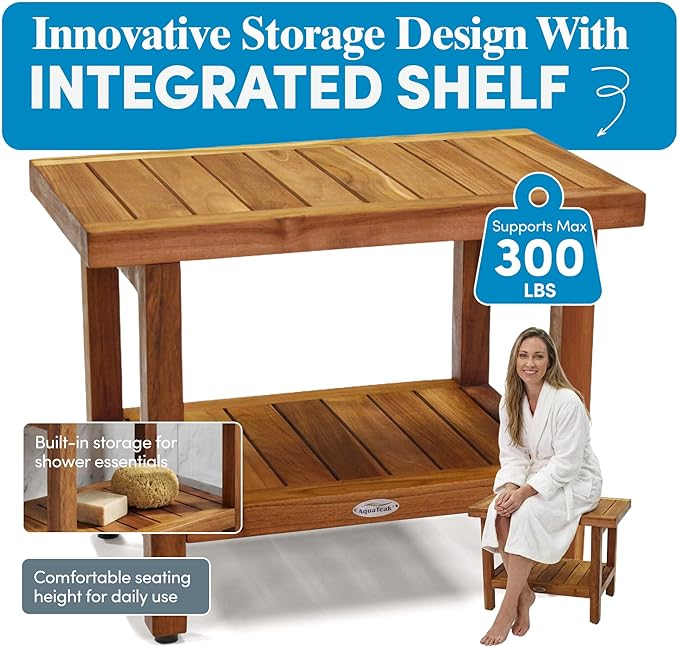 AquaTeak The Original 24" Spa Teak Shower Bench with Shelf