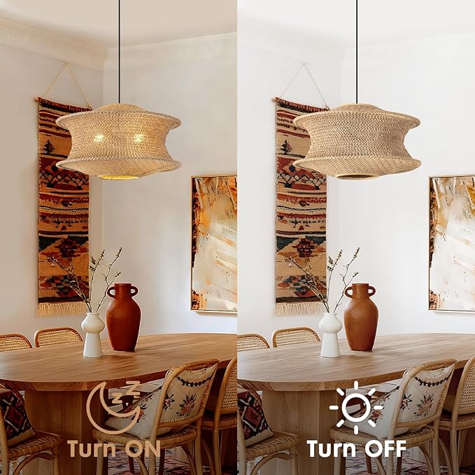 18" Boho Rattan Pendant Light Fixture, Large Woven Hanging Ceiling Lamp, Natural Farmhouse Chandelier for Dining Room, Kitchen Island, Living Room, Entryway, Rustic Foyer Lighting