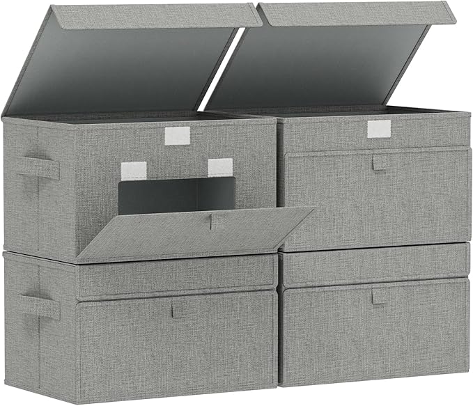 Storage Boxes with Flip Cover, Foldable Bin for Clothes, Cubes with Handles, Decorative Linen Baskets for Home, Bedroom, Closet, 13x9.1x7.9in, Grey, 4 Pack