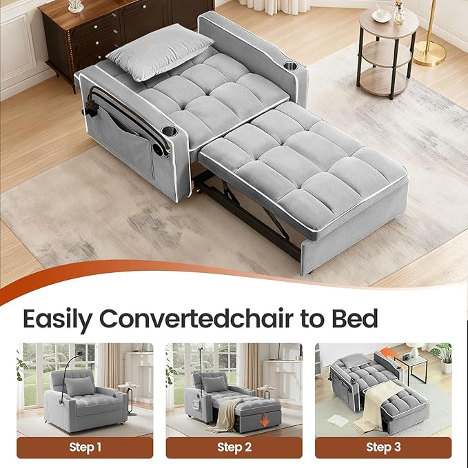 Convertible Sleeper Chair, Pull Out Chair Sleeper with Bracket and Cup Holder, Chairs Bed Sleepers for Adults, 3 in 1 Sofa Bed Chairs for Small Spaces, Living Room, Light Gray