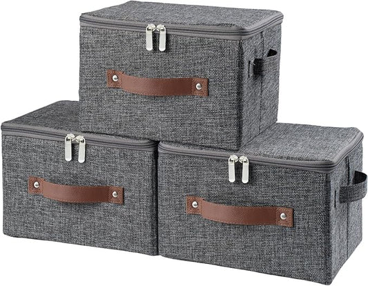 3 Pack Storage Bins with Zipper Lid Fabric Lidded Storage Boxes Baskets Cubes Washable Collapsible PU Leather Handle Cotton Linen Fabric Shelf Closet Organizer Container(Gray, Small Size)