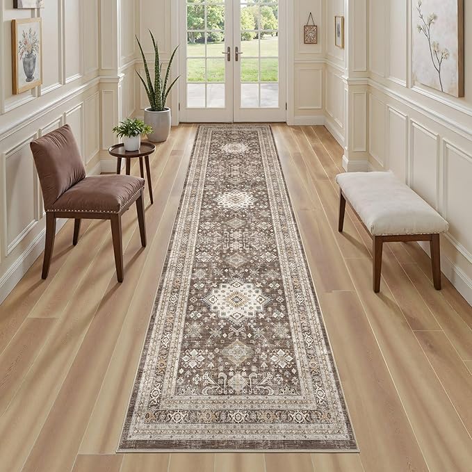 Vintage Hallway Runner Rug 2x8: Large Soft Washable Entryway for Kitchen Laundry Room Non-Slip Backing Runner for Entrance Living Room Bedroom Bathroom - Dark Brown