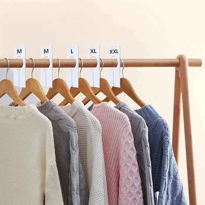 40 Pack Rectangular White Plastic Clothing Size Closet Rack Dividers Hangers, Preprinted in 8 Sizes XXS, XS, S, M, L, XL, XXL, XXXL (2.5”x 5”, Inner Diameter 1.38”)
