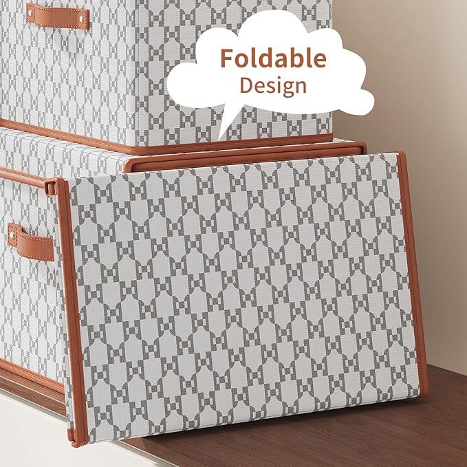 Tuza 4 Pack Fabric Storage Bins with Lids, Collapsible Closet Organizer Container, Decorative Storage Boxes with Lids for Organizing Clothes, Blanket, Grey & White, Medium